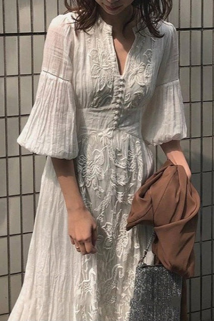 Floral Embroidered V-Neck Button Front Puff Sleeve Maxi Dress