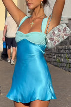 Colorblock Ruched Bust Halter Tie Shoulder Strap Satin Lettuce Hem Bodycon Mini Dress