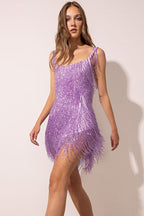 Sequin Fringe Tiered Square Neck Sleeveless Mini Cocktail Dress