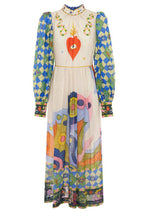 Mock Neck Lantern Sleeve Heart and Eye Graphic Print A-Line Maxi Dress