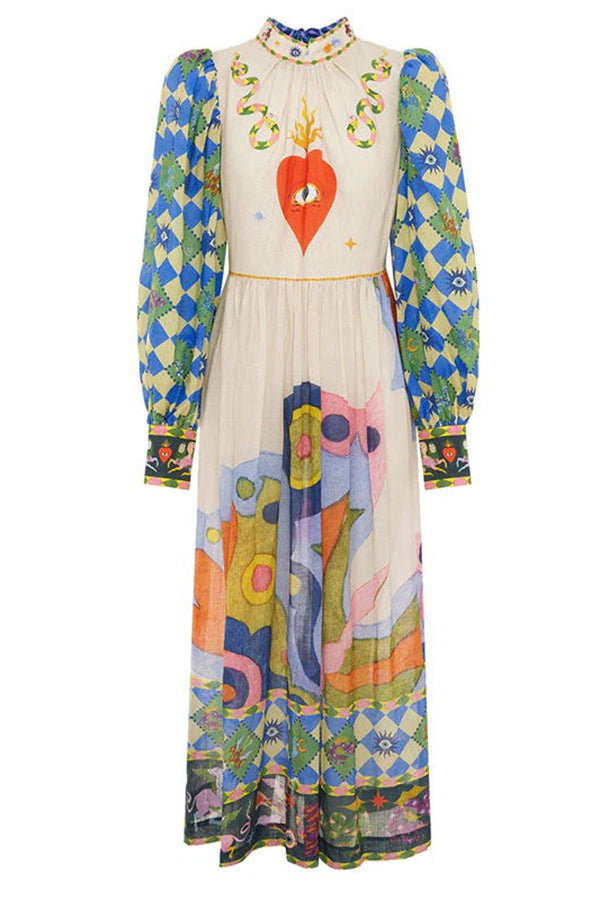 Mock Neck Lantern Sleeve Heart and Eye Graphic Print A-Line Maxi Dress