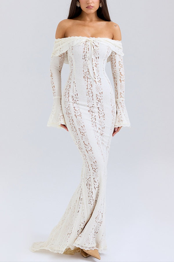 Leila Elevated Off Shoulder Floral Lace Flared Sleeve Fishtail Maxi Dress White Occasion Wear