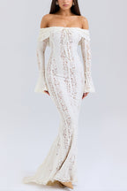 | Off Shoulder Floral Lace Flared Sleeve Fishtail Maxi Dress - White