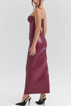 Strapless Sweetheart Ruched Faux Leather Bodycon Maxi Gown
