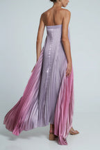 Satin Pleated Strapless Column Maxi Dress
