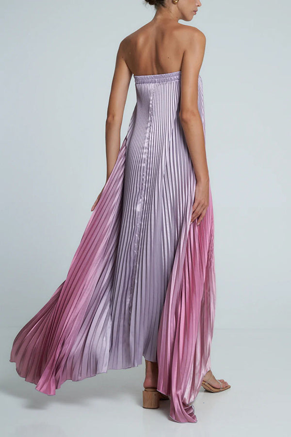 Satin Pleated Strapless Column Maxi Dress