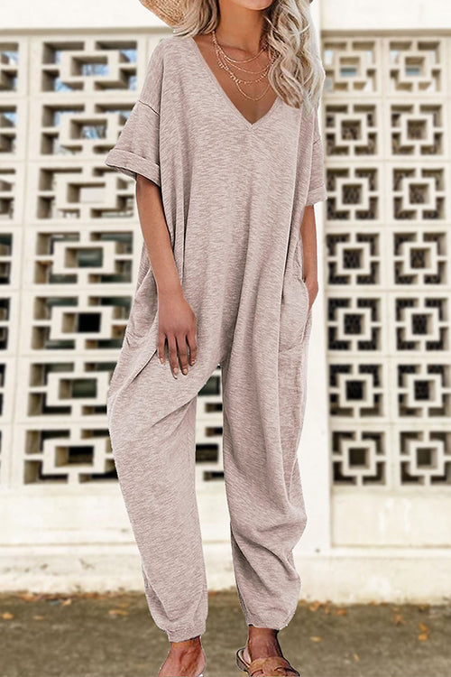 V Neck Half Sleeves Loose Fit Jumpsuit