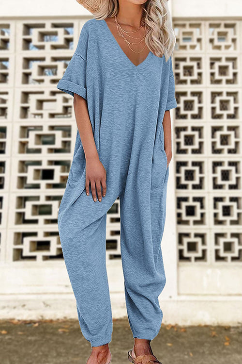 V Neck Half Sleeves Loose Fit Jumpsuit