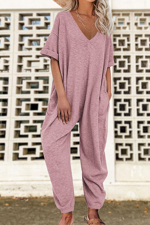V Neck Half Sleeves Loose Fit Jumpsuit