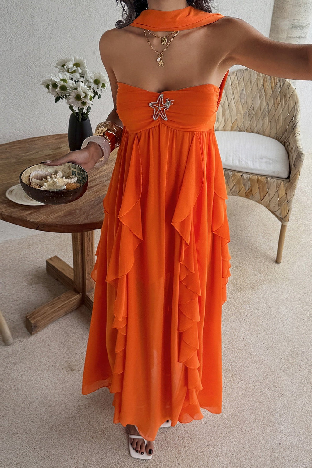 Strapless Starfish Detail Tiered Ruffle Chiffon Maxi Dress