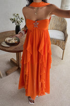 Strapless Starfish Detail Tiered Ruffle Chiffon Maxi Dress