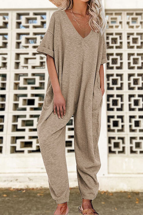 V Neck Half Sleeves Loose Fit Jumpsuit