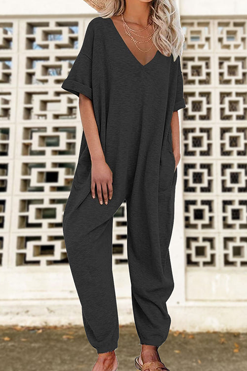 V Neck Half Sleeves Loose Fit Jumpsuit