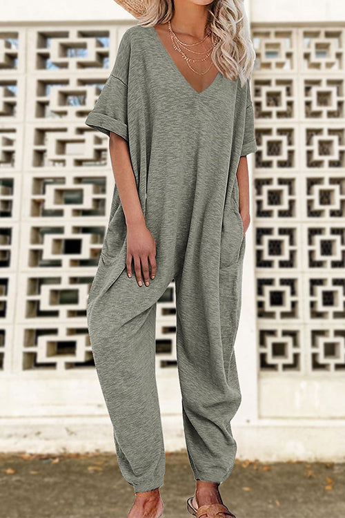 V Neck Half Sleeves Loose Fit Jumpsuit