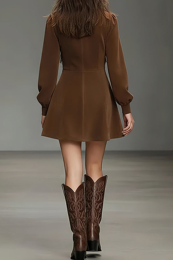 Stylish Suede Color-blocked Turtleneck Long-sleeved Mini Dress