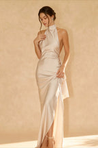 Satin Halter Neck Backless High Split Column Maxi Gown
