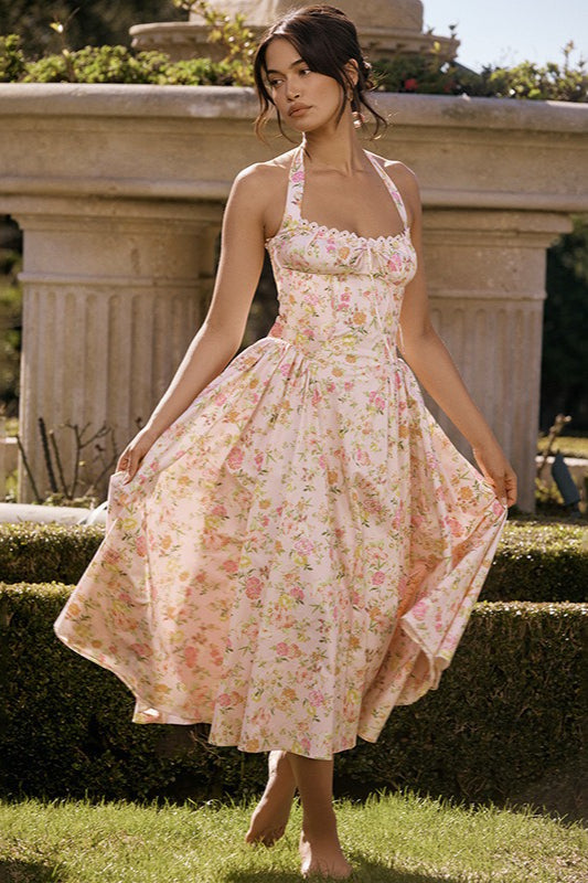 Floral Halter Neck Corset Sweetheart Lace Trim A-Line Midi Dress