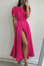Puff Sleeve Pearl Button Front Satin Side Slit Midi Dress