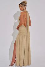 Glitter Halter Choker Deep V-Neck Ruched Waist High Split Maxi Dress