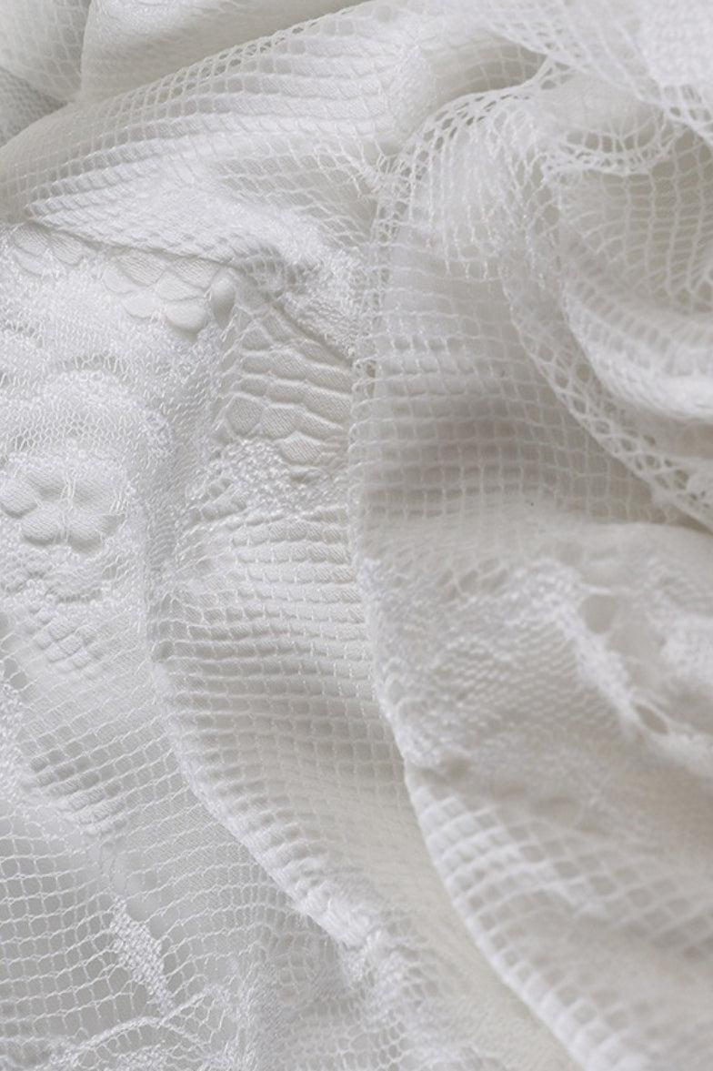 White Spaghetti Strap V Neck Ruffle Trim Lace Patchwork Slit Maxi Dress