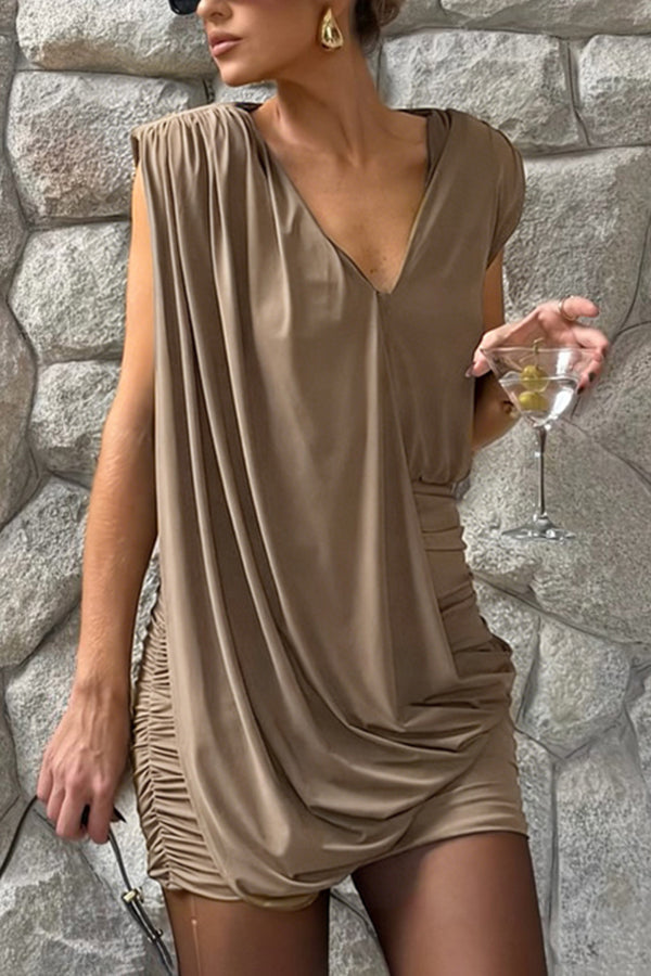 Solid Color Casual Sleeveless V-neck Elegant Pleated Mini Dress