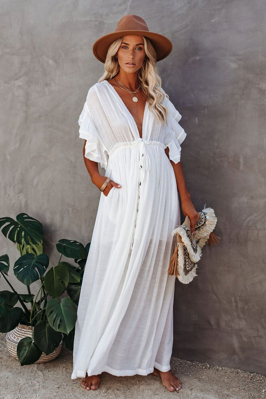 Deep V Neck Ruffle Sleeve Drawstring Waist Button Front Pocket Maxi Dress