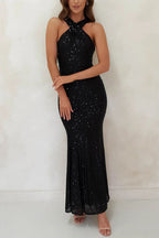 Sequin Cross Halter Neck Mermaid Flare Maxi Gown