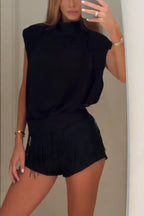 Solid Color Sleeveless Stand-up Collar Top and Casual Fringed Shorts Set