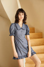Micro Check Peter Pan Collar Puff Sleeve Button Front Ruffle Hem Mini Shirt Dress