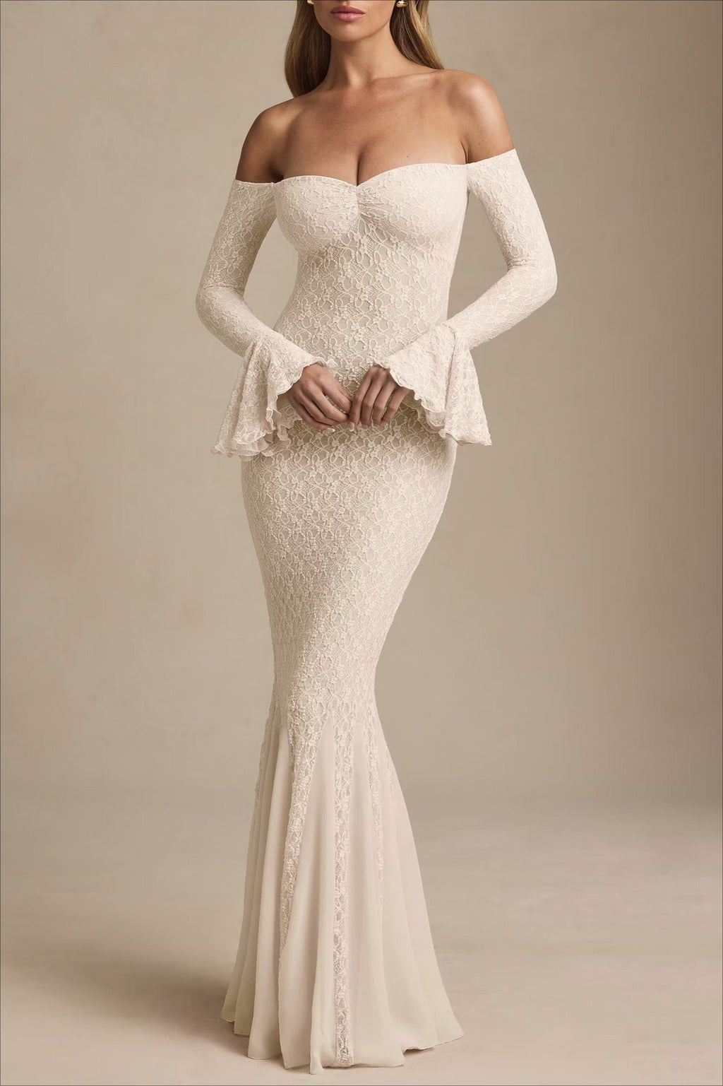 Sequin Off Shoulder Sweetheart Long Bell Sleeve Mermaid Formal Gown