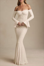 Sequin Off Shoulder Sweetheart Long Bell Sleeve Mermaid Formal Gown