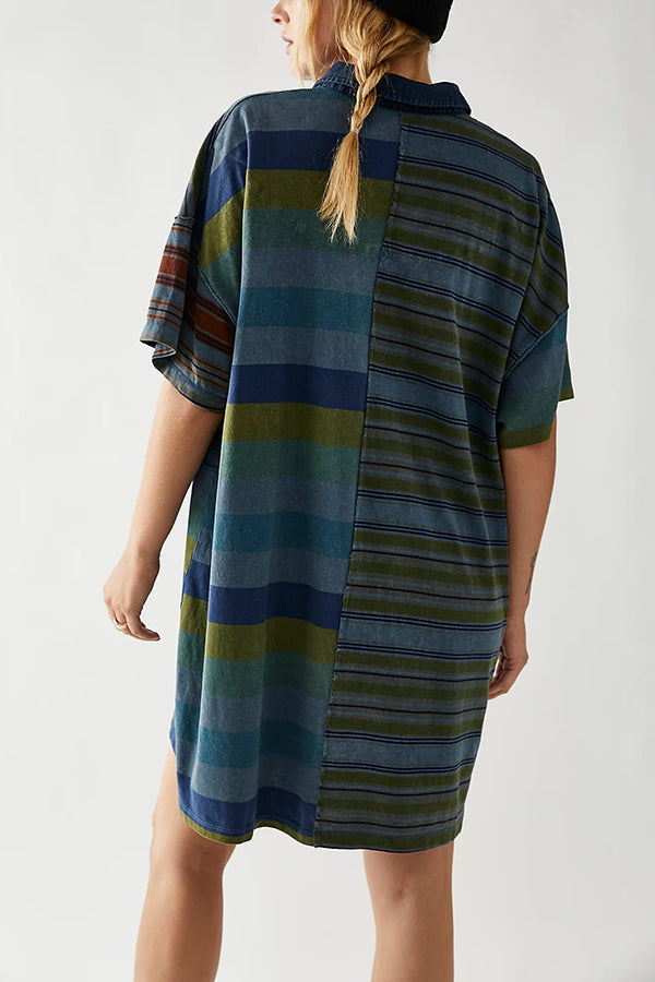 Denim Collar Striped Patchwork Polo Rugby Mini Dress