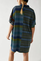 Denim Collar Striped Patchwork Polo Rugby Mini Dress