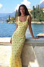 Yellow Scoop Neck Wide Strap Ditsy Floral Print Slip Maxi Dress