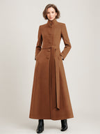 Wool Blend Long Coat Black Belted Stand Collar Winter Full Length Outerwear For Women 2026