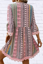Lace Trim Printed V-Neck 3/4 Sleeve Dress