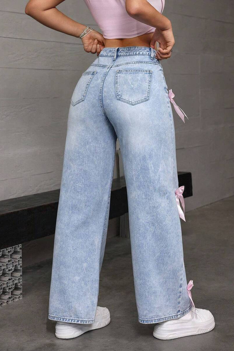 Y2K Bow Applique Washed Relaxed Jeans