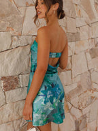 Floral Print Strapless Backless Short Dress