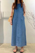 Crewneck Sleeveless Pockets Maxi Denim Dress