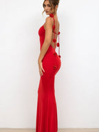 Backless 3D Floral Shoulder Strap Satin Formal Dress Red Midi Dresses