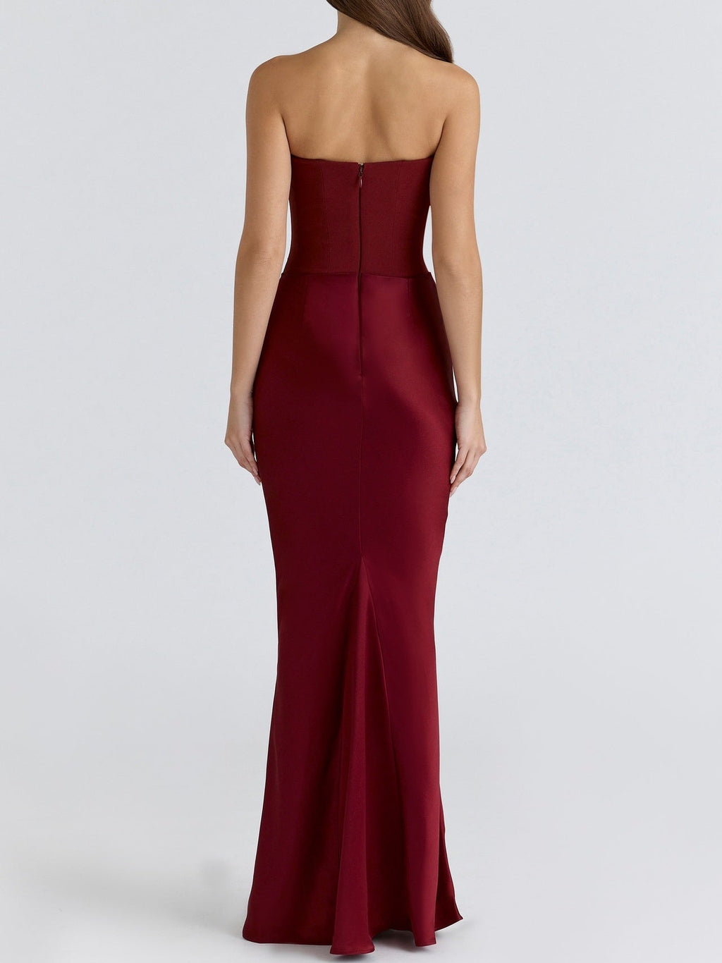 Satin Belted Strapless Off-the-shoulder Fishbone Pleated Long Bodycon Dress