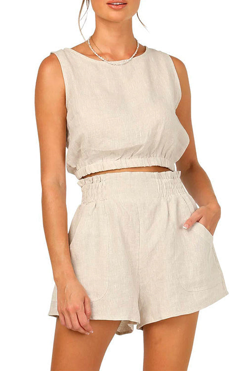 Solid Crop Tank Top Elastic Waist Wide Leg Shorts Set