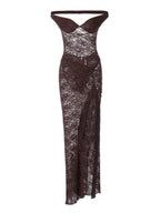 Two-piece Set: Patchwork Off-shoulder Backless Bodysuit With Sheer Lace Slit Maxi Skirt