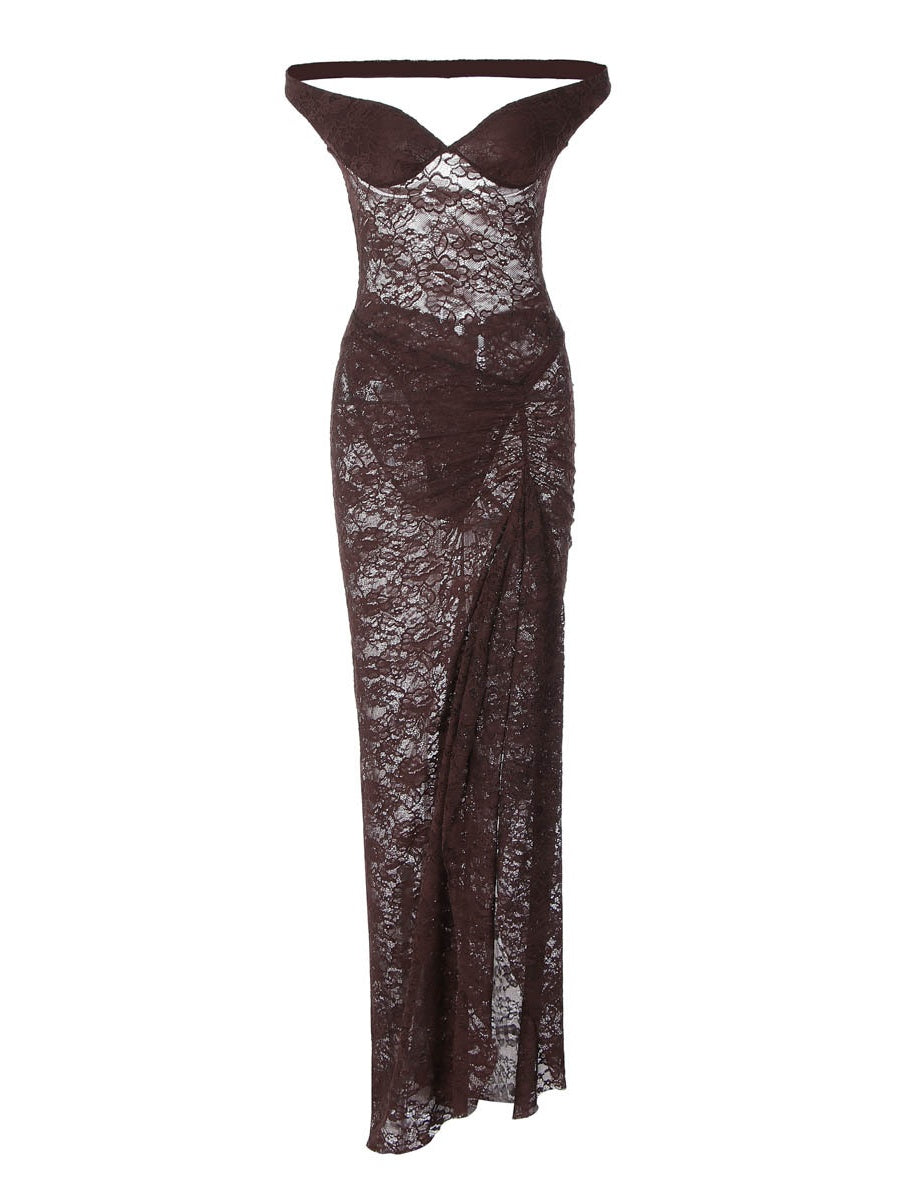 Two-piece Set: Patchwork Off-shoulder Backless Bodysuit With Sheer Lace Slit Maxi Skirt