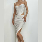 Low cut solid corset slit ruched backless cami maxi dress set