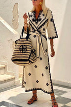 V Neck Tie Waist Side Split Bohemia Printed Maxi Dress