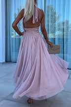 Halter Backless Waisted Tulle Maxi Dress