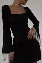 Square Neck Bell Sleeve Rhinestone Fringe Trim Bodycon Midi Cocktail Dress