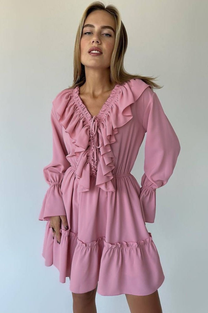 Ruffled Deep V-Neck Long Sleeve Ruffle Cuff Tiered Mini Dress