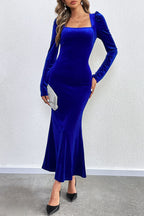 Velvet Square Neck Puff Shoulder Mermaid Hem Maxi Dress